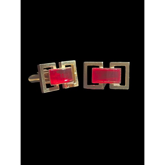 Vintage Gold Tone Cufflinks with Red Glass or Gemstone Inlay - Picture 4 of 5